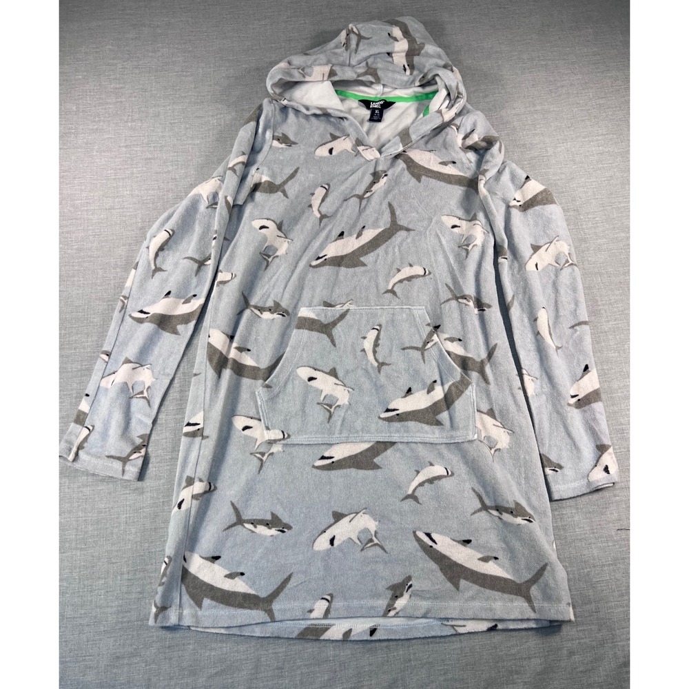 Lands End Kids XL 14-16 Shark Print Terry Cloth Hooded Swim Cover Up Blue Gray